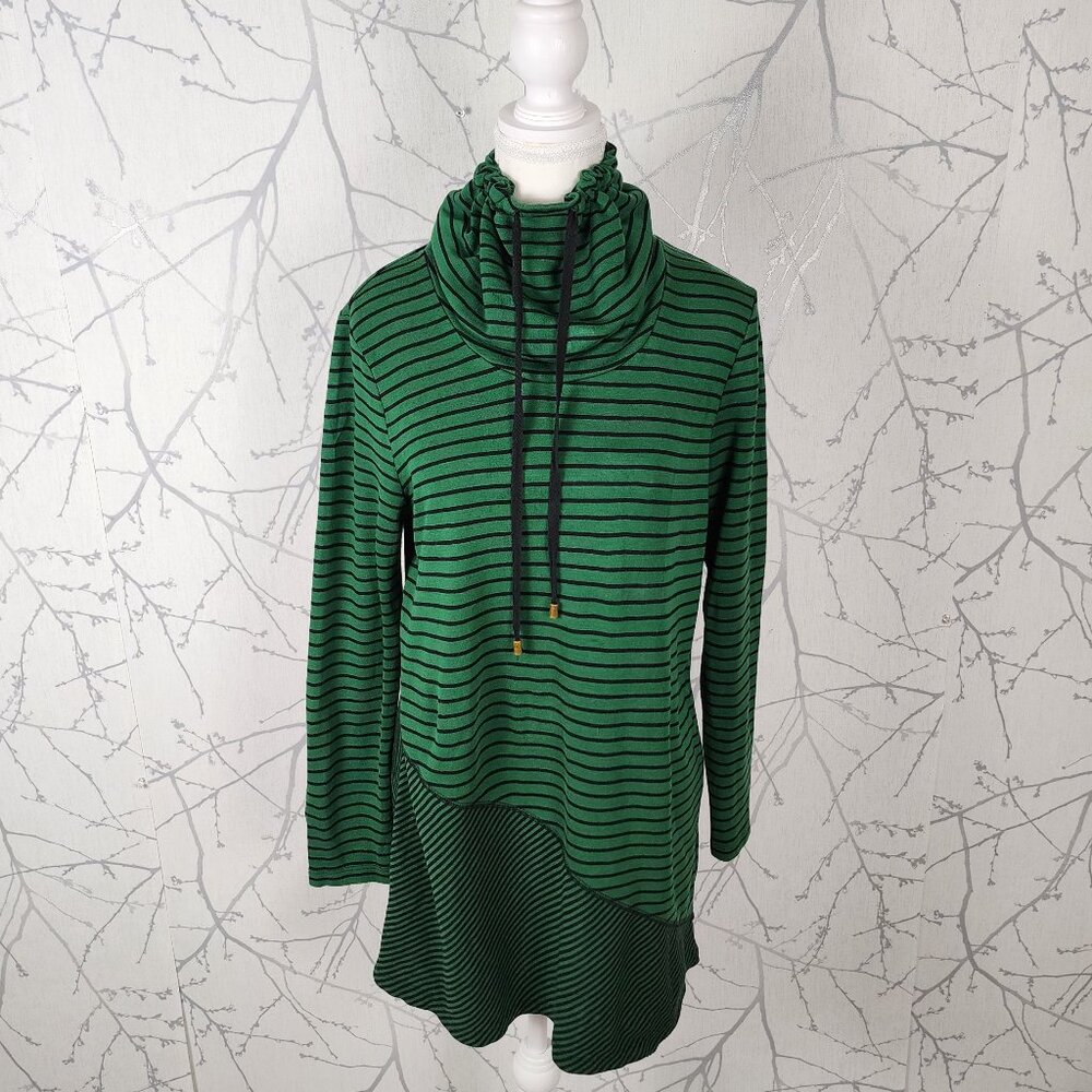 Chico's Zenergy Green Stripe Stretch Jersey Cowl Neck Tunic Dress